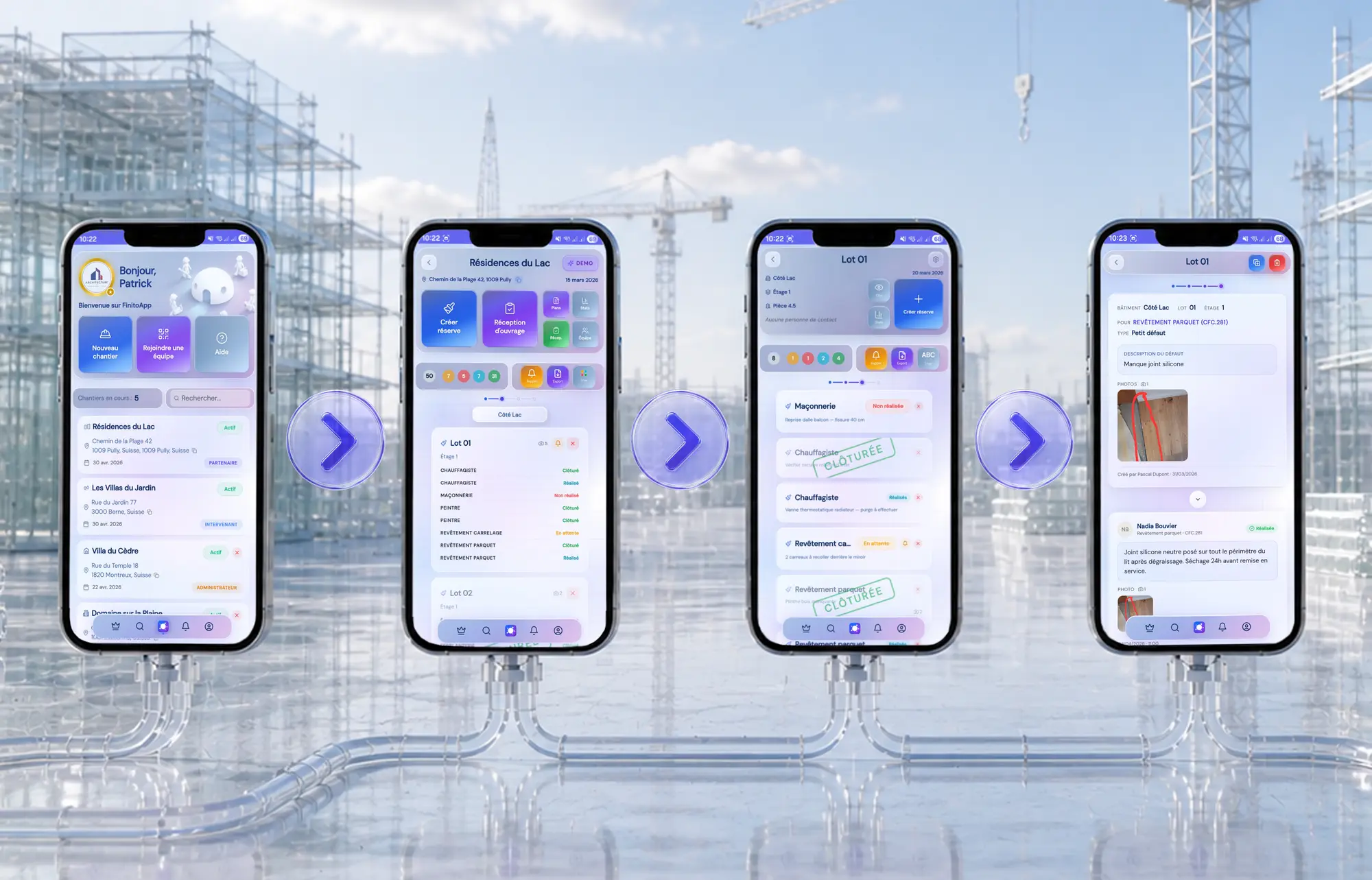 Aperçu des fonctionnalités FinitoApp : chantiers, équipes, plans, statistiques, rappels, exports