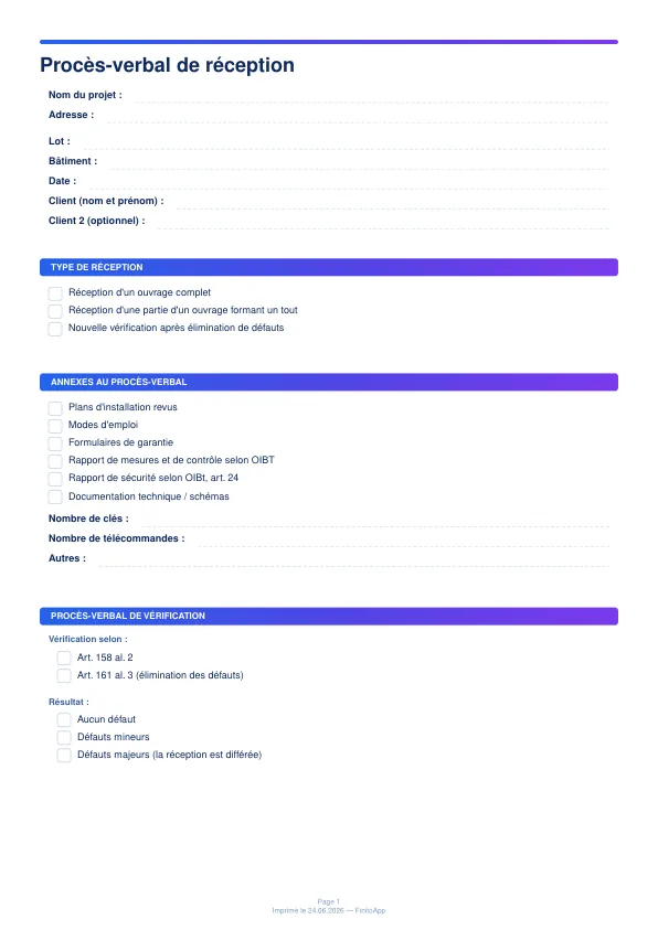 Page 1 du modèle de PV de réception vierge — projet, type de réception et annexes