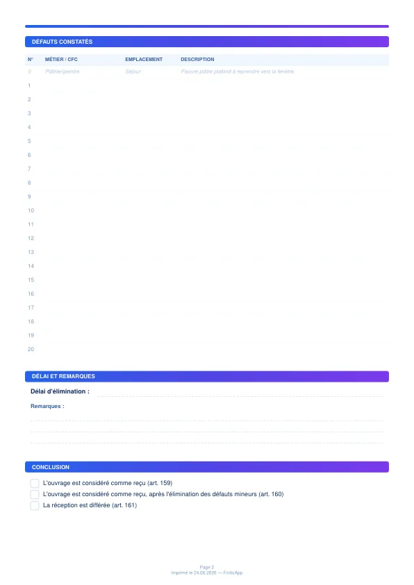 Page 2 — tableau des défauts constatés, délai d'élimination et conclusion